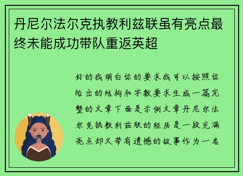 丹尼尔法尔克执教利兹联虽有亮点最终未能成功带队重返英超
