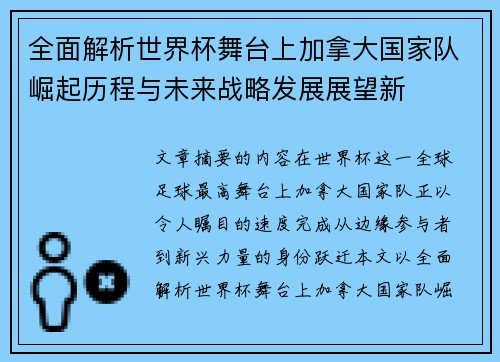 全面解析世界杯舞台上加拿大国家队崛起历程与未来战略发展展望新
