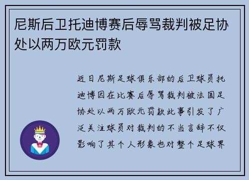 尼斯后卫托迪博赛后辱骂裁判被足协处以两万欧元罚款